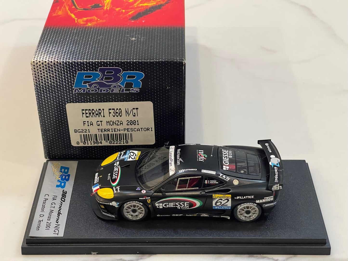 BBR 1/43 Ferrari F360 N/GT GT Monza 2001 Black No. 62 BG221